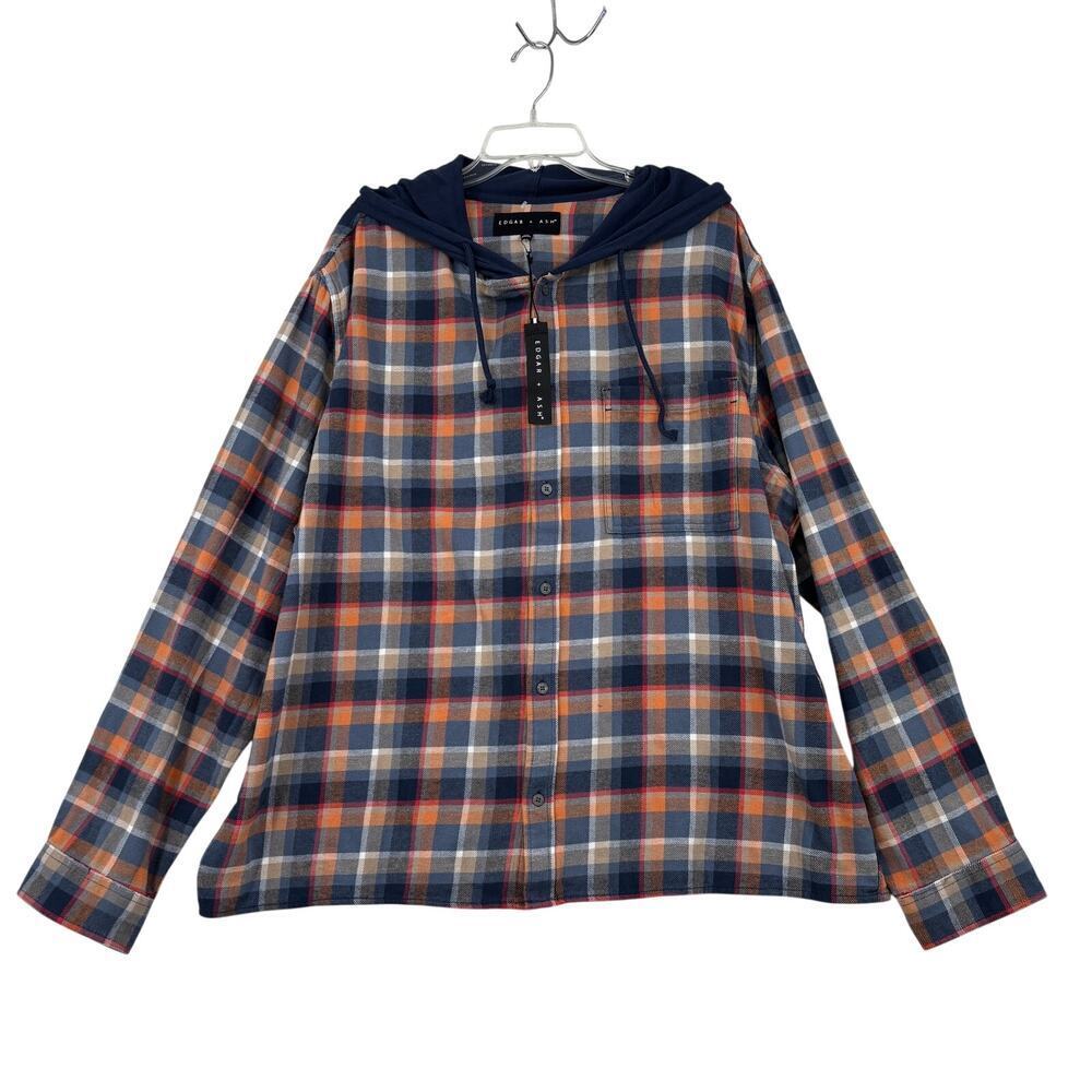Edgar + Ash Hooded Flanned Shirt Mens Size 2XL Blue Multi Plaid Button Up